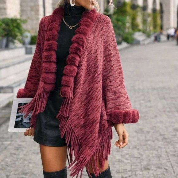 Faux Fur & Tassel Detailed Open Front Shawl Knit Sweater Cardigan Burgundy - Picture 3 of 7